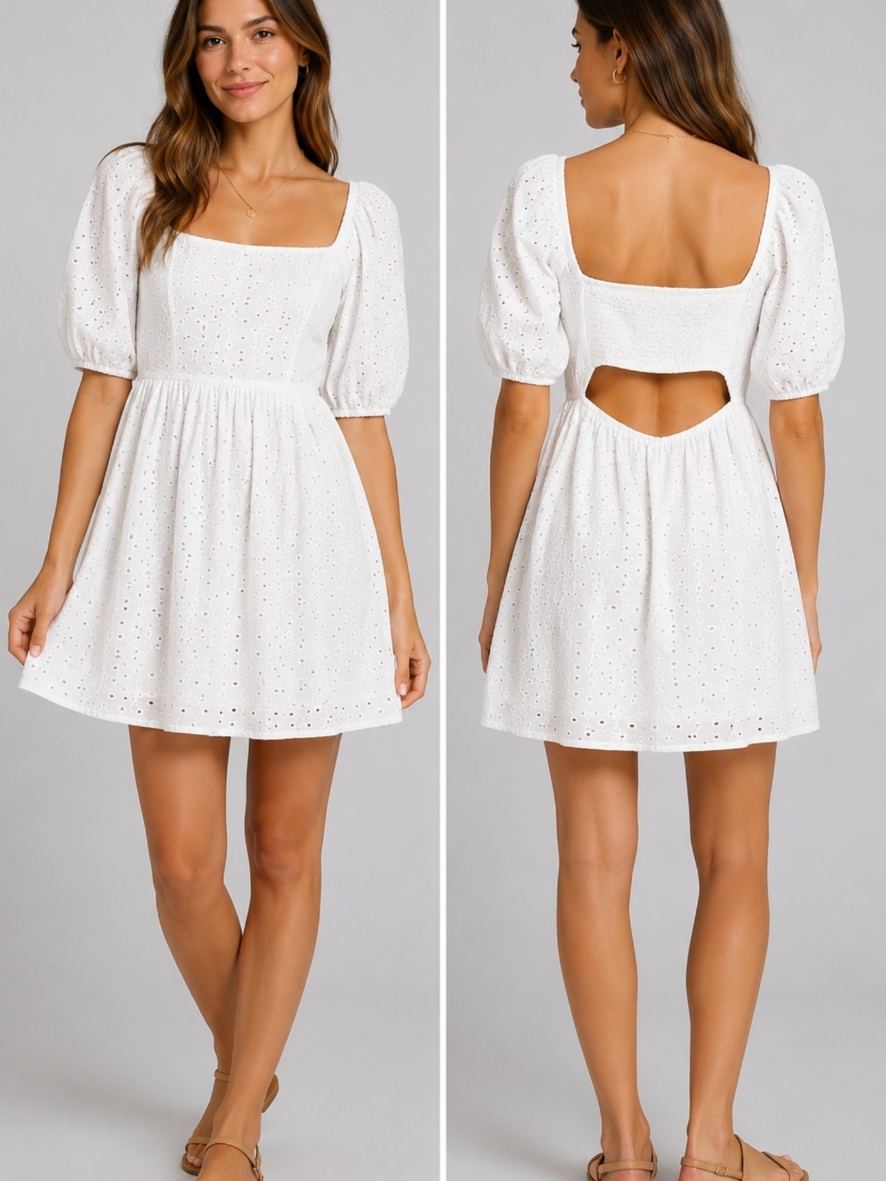 White Eyelet Square-Neck Mini Dress with Puff Sleeves Pockets Lining Medium EUC